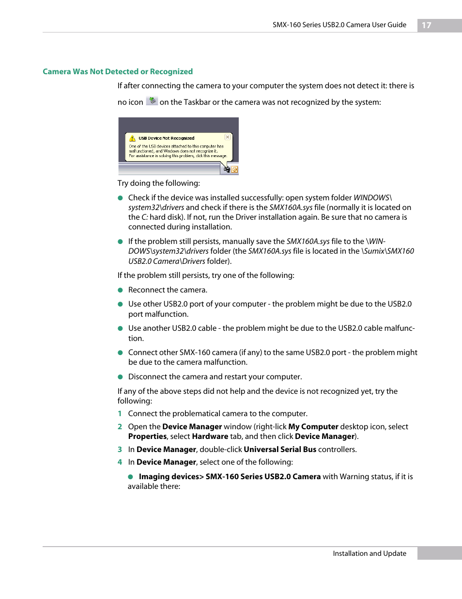 Camera was not detected or recognized | Sumix SMX-160x User Manual | Page 17 / 80