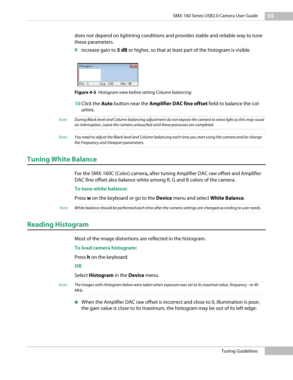 Tuning white balance, Reading histogram | Sumix SMX-160x User Manual | Page 33 / 80