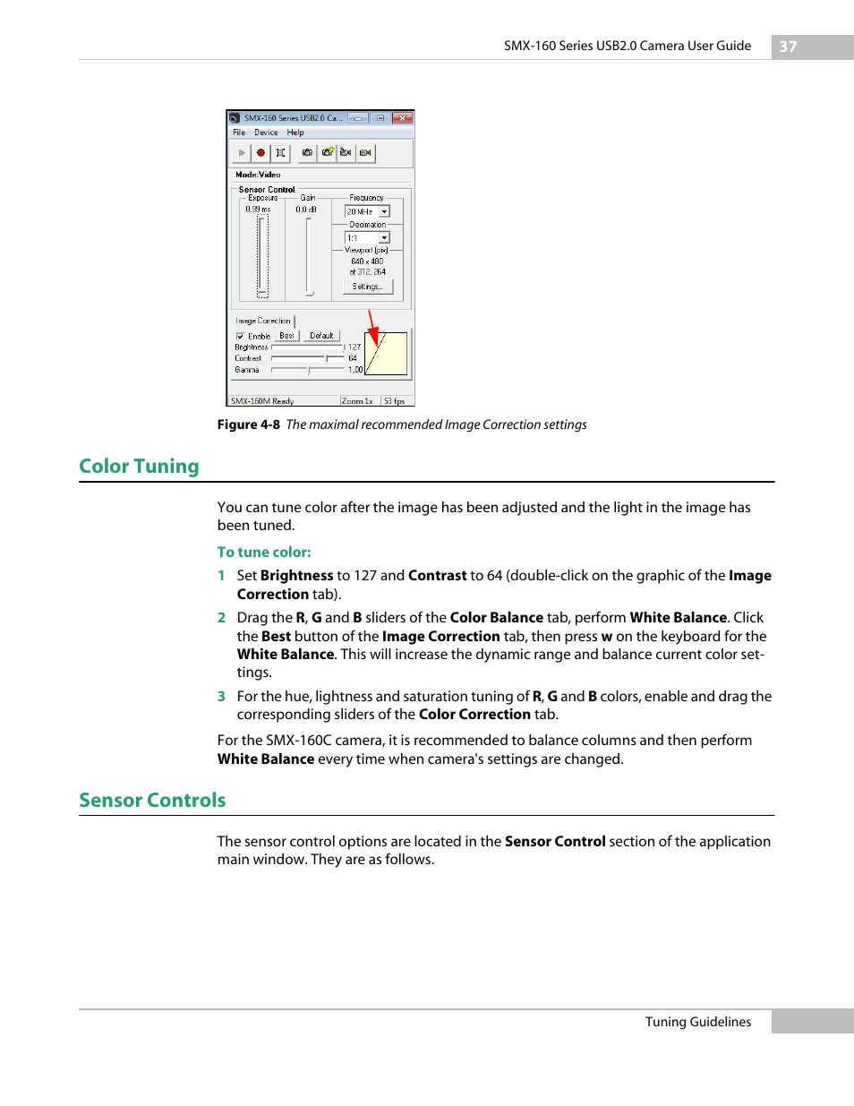 Color tuning, Sensor controls | Sumix SMX-160x User Manual | Page 37 / 80