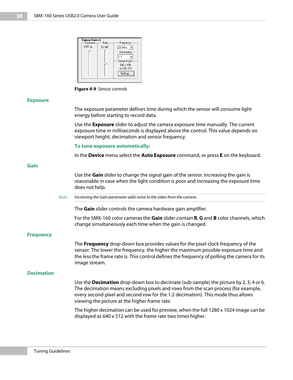Exposure, Gain, Frequency | Decimation, Exposure gain frequency | Sumix SMX-160x User Manual | Page 38 / 80
