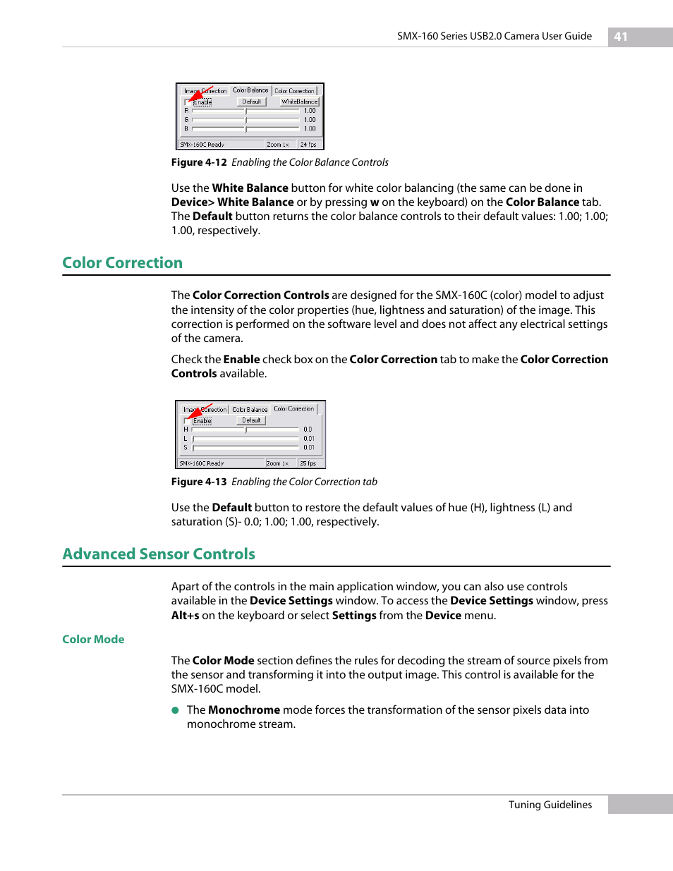 Color correction, Advanced sensor controls, Color mode | Sumix SMX-160x User Manual | Page 41 / 80