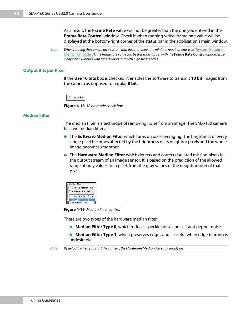 Output bits per pixel, Median filter, Output bits per pixel median filter | Sumix SMX-160x User Manual | Page 44 / 80
