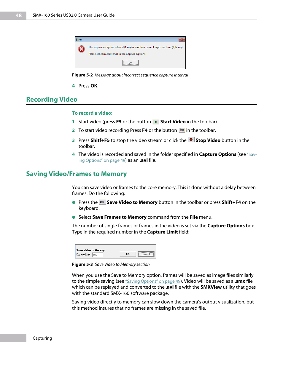 Recording video, Saving video/frames to memory | Sumix SMX-160x User Manual | Page 48 / 80