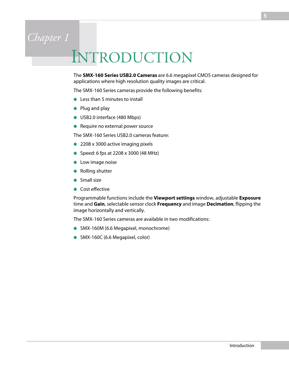 Introduction, Chapter 1 intro, Ntroduction | Chapter 1 | Sumix SMX-160x User Manual | Page 5 / 80