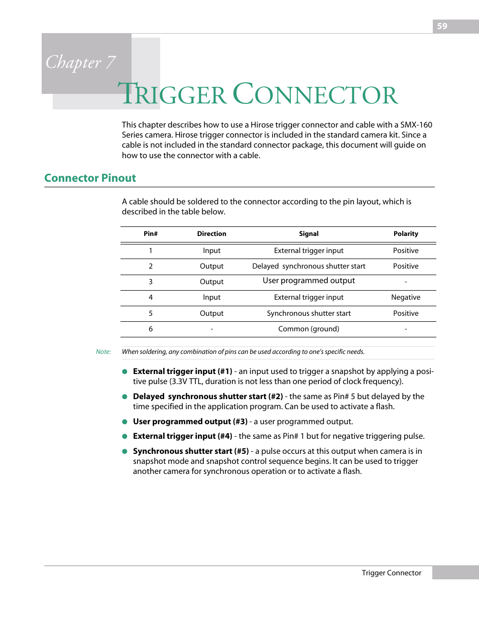 Trigger connector, Connector pinout, Chapter 7 tr | Rigger, Onnector, Chapter 7 | Sumix SMX-160x User Manual | Page 59 / 80