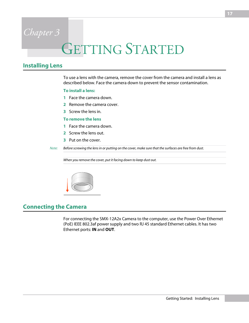 Getting started, Installing lens, Connecting the camera | Chapter 3 getting star, Etting, Tarted, Chapter 3 | Sumix SMX-12A2x User Manual | Page 17 / 71