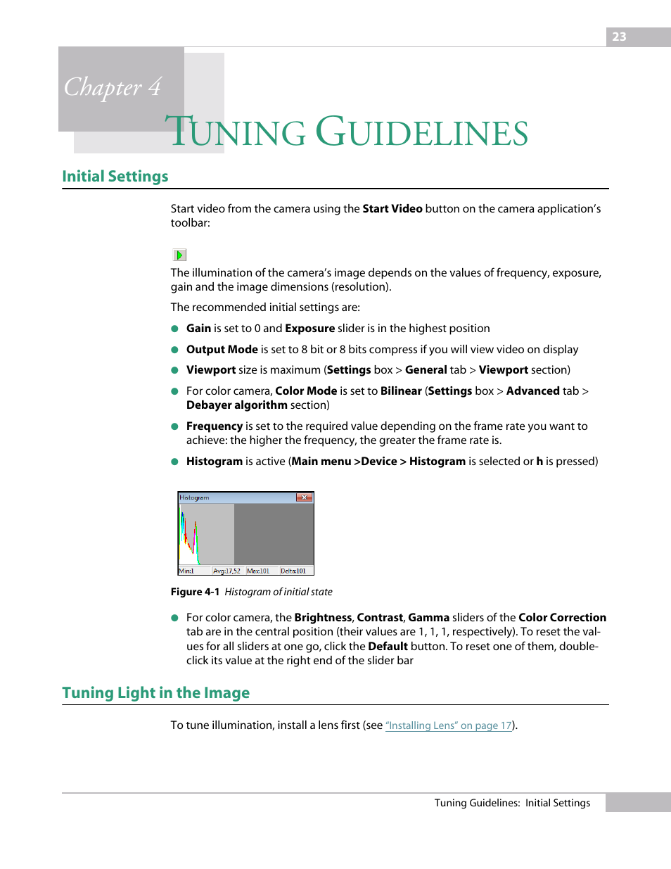 Tuning guidelines, Initial settings, Tuning light in the image | Chapter 4 tu, Uning, Uidelines, Chapter 4 | Sumix SMX-12A2x User Manual | Page 23 / 71