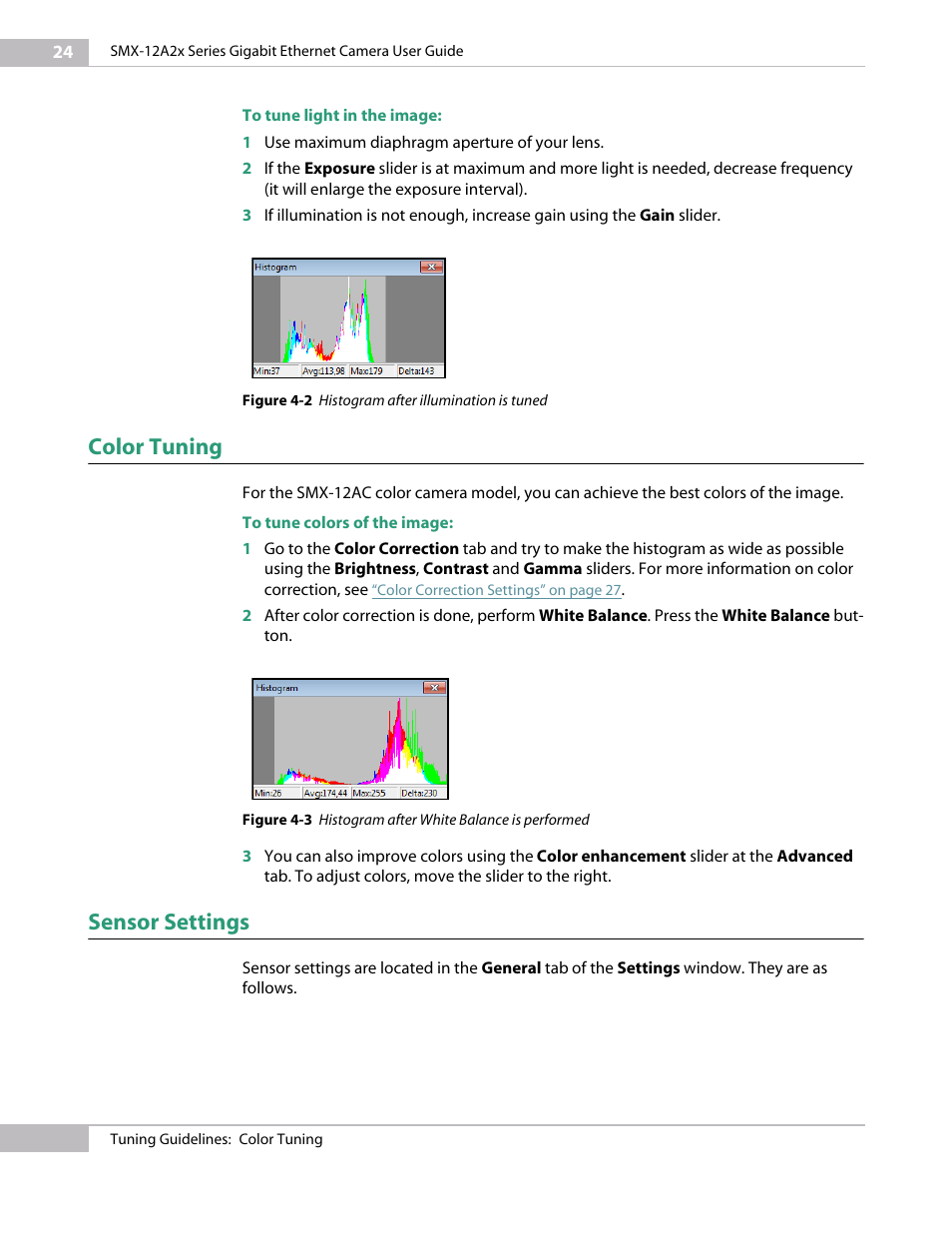 Color tuning, Sensor settings | Sumix SMX-12A2x User Manual | Page 24 / 71