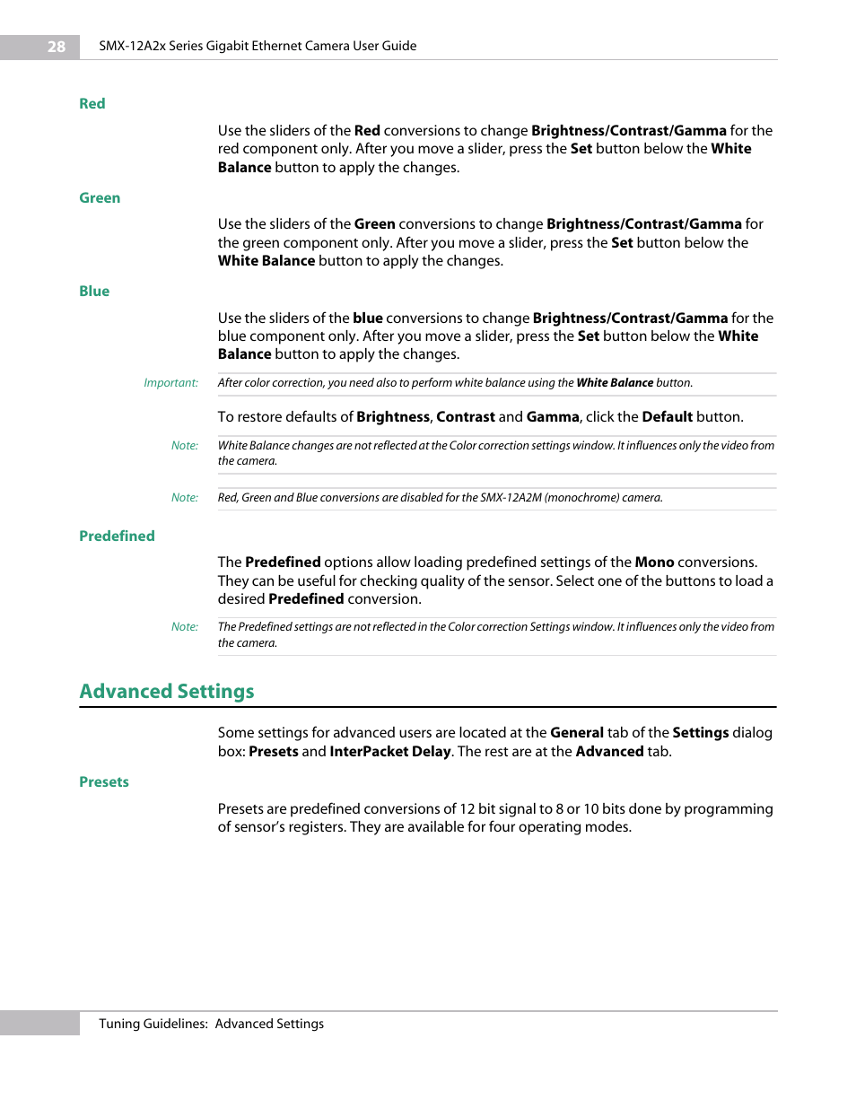 Green, Blue, Predefined | Advanced settings, Presets, Red green blue predefined | Sumix SMX-12A2x User Manual | Page 28 / 71