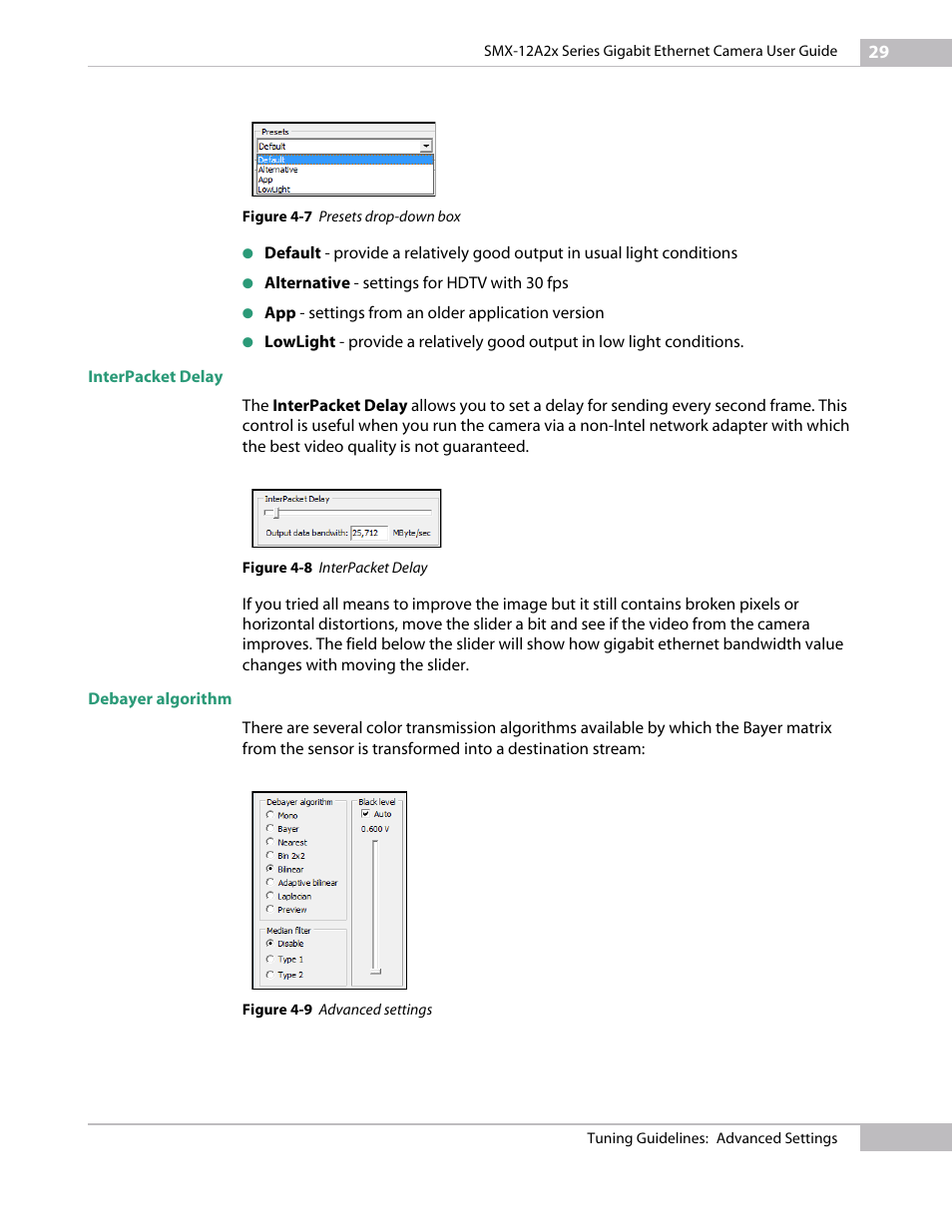 Interpacket delay, Debayer algorithm, Interpacket delay debayer algorithm | Sumix SMX-12A2x User Manual | Page 29 / 71