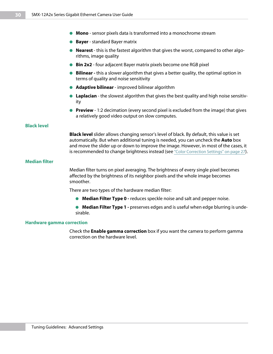 Black level, Median filter, Hardware gamma correction | Sumix SMX-12A2x User Manual | Page 30 / 71