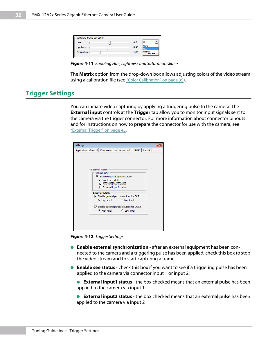 Trigger settings, Ication interface (see | Sumix SMX-12A2x User Manual | Page 32 / 71