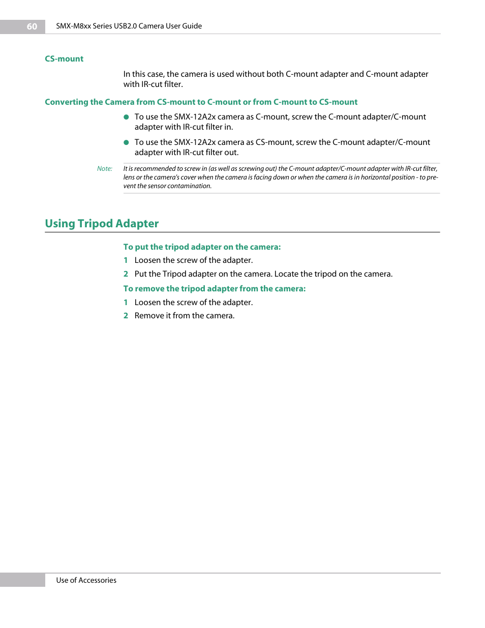 Cs-mount, Using tripod adapter | Sumix SMX-12A2x User Manual | Page 60 / 71