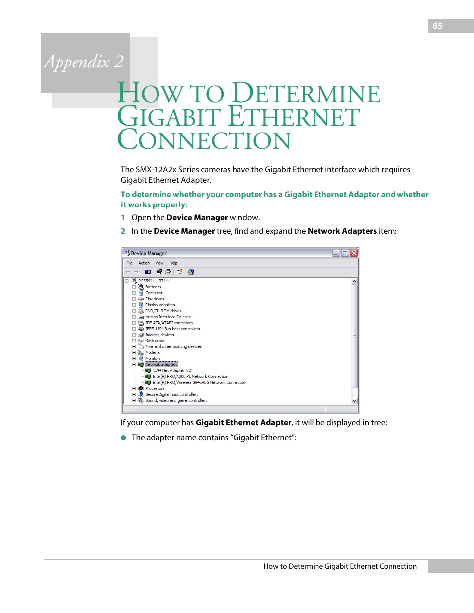 How to determine gigabit ethernet connection, Appendix 2 how to determine gigabit ether, Etermine | Igabit, Thernet, Onnection | Sumix SMX-12A2x User Manual | Page 65 / 71
