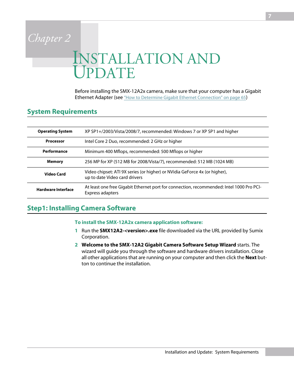 Installation and update, System requirements, Step1: installing camera software | Chapter 2 installatio, Nstallation, Pdate, Chapter 2 | Sumix SMX-12A2x User Manual | Page 7 / 71