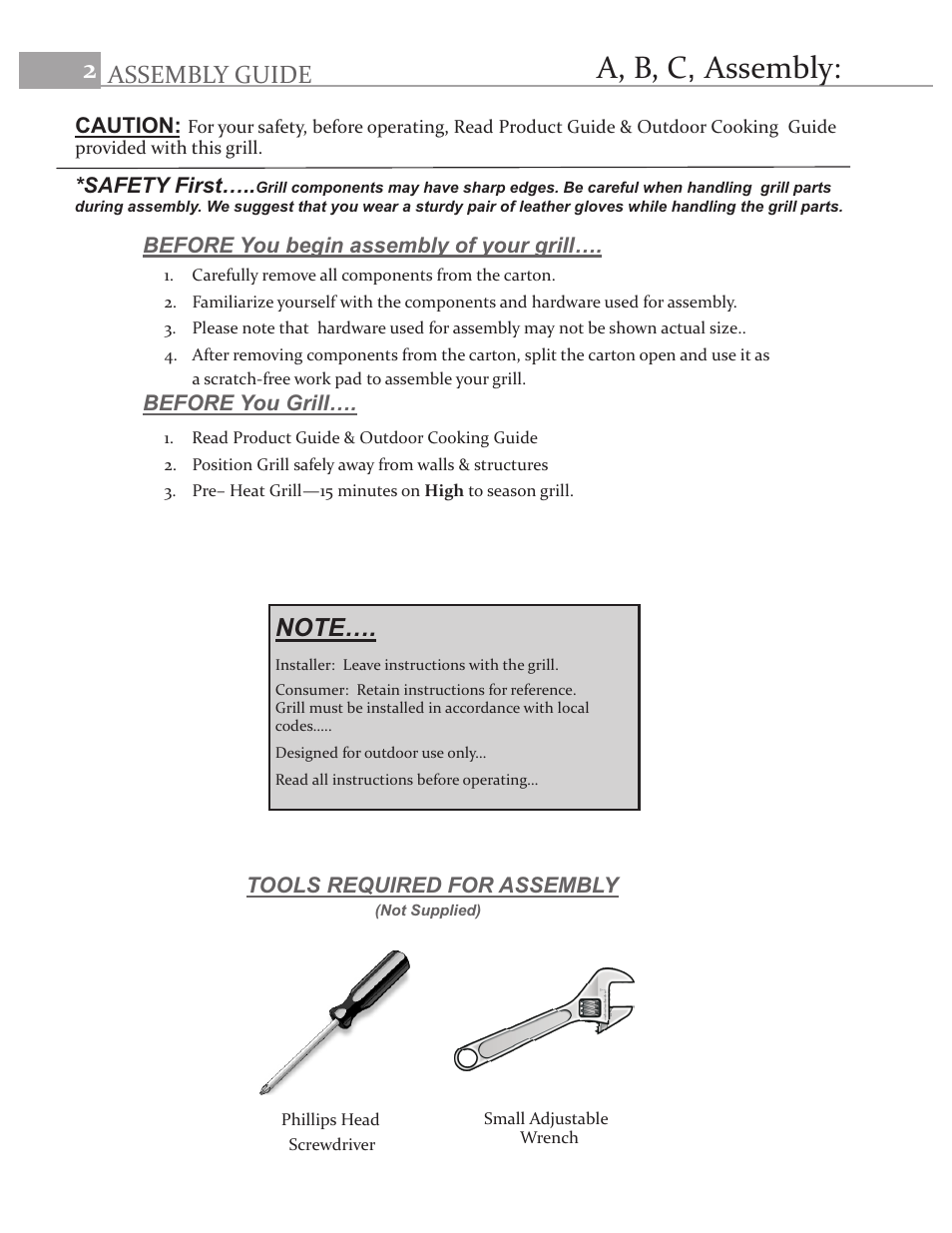 A, b, c, assembly, Assembly guide | Char-Broil INFRARED 10401582 User Manual | Page 2 / 8