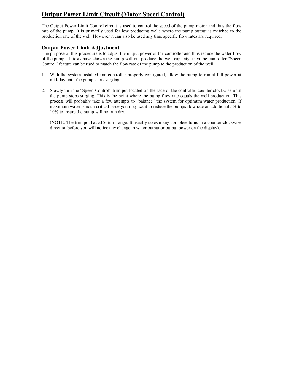 Output power limit circuit (motor speed control) | Sun Pumps MTR BLM-SB-103S-120Y User Manual | Page 13 / 18