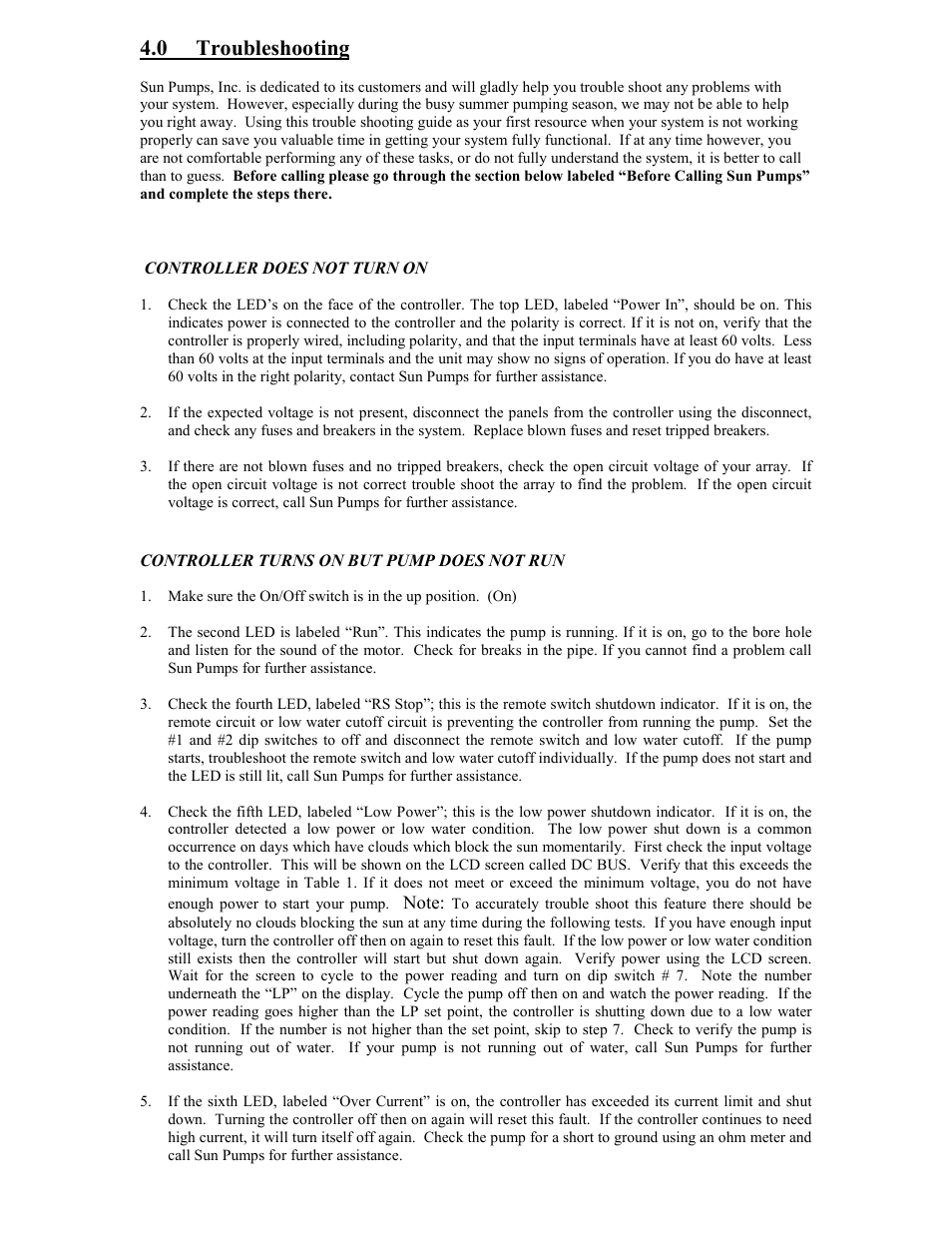 0 troubleshooting | Sun Pumps MTR BLM-SB-103S-120Y User Manual | Page 15 / 18