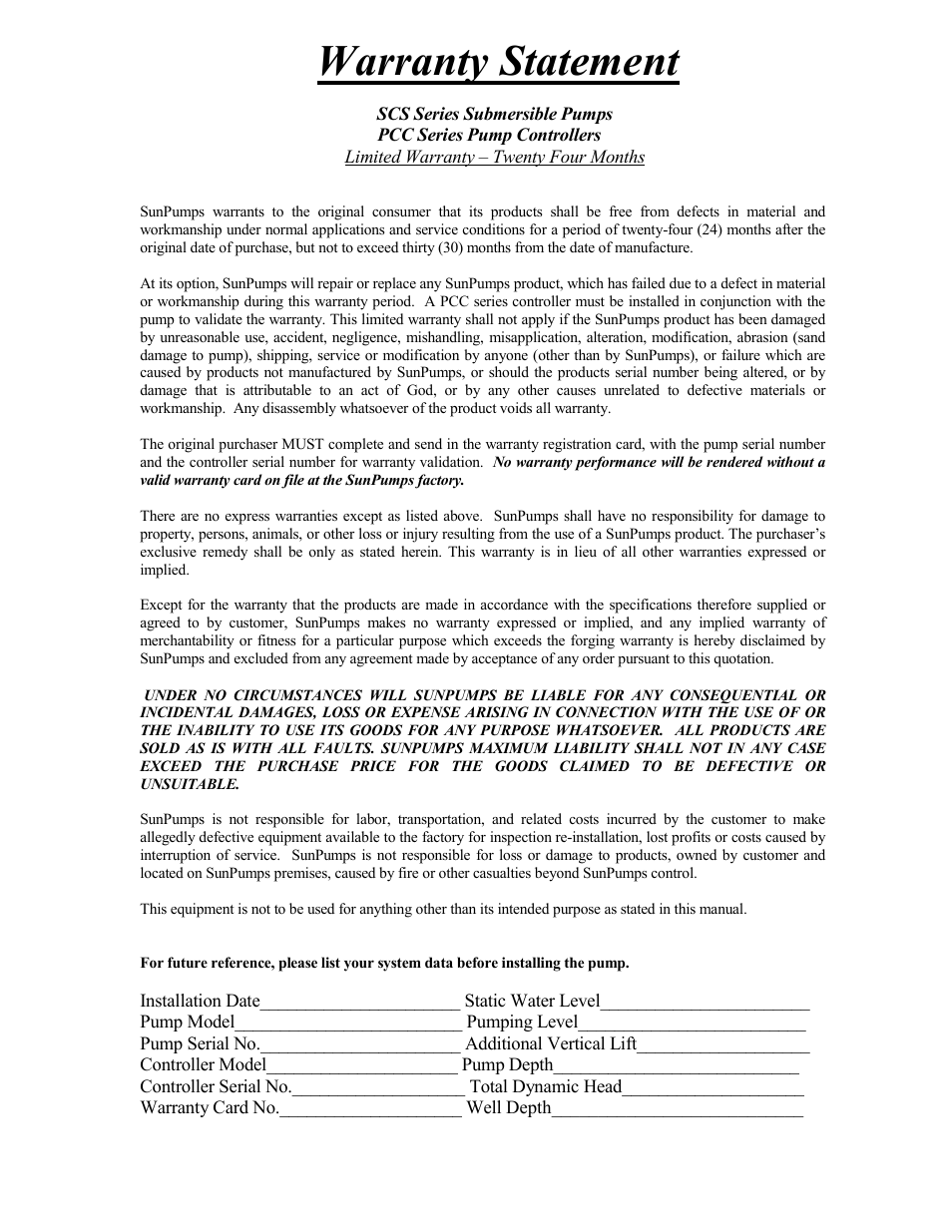 Warranty statement | Sun Pumps MTR BLM-SB-103S-120Y User Manual | Page 18 / 18