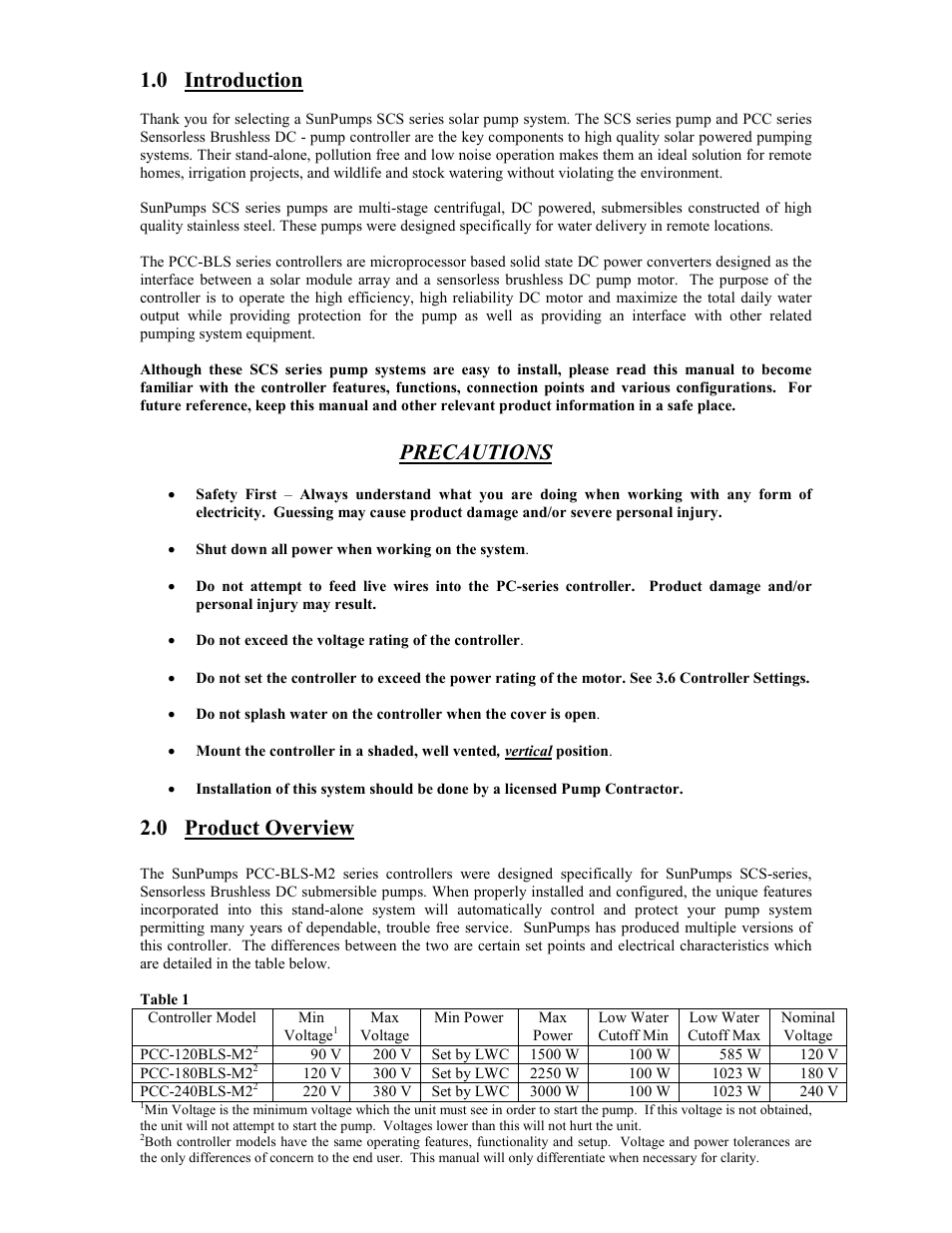 0 introduction, Precautions, 0 product overview | Sun Pumps MTR BLM-SB-103S-120Y User Manual | Page 3 / 18