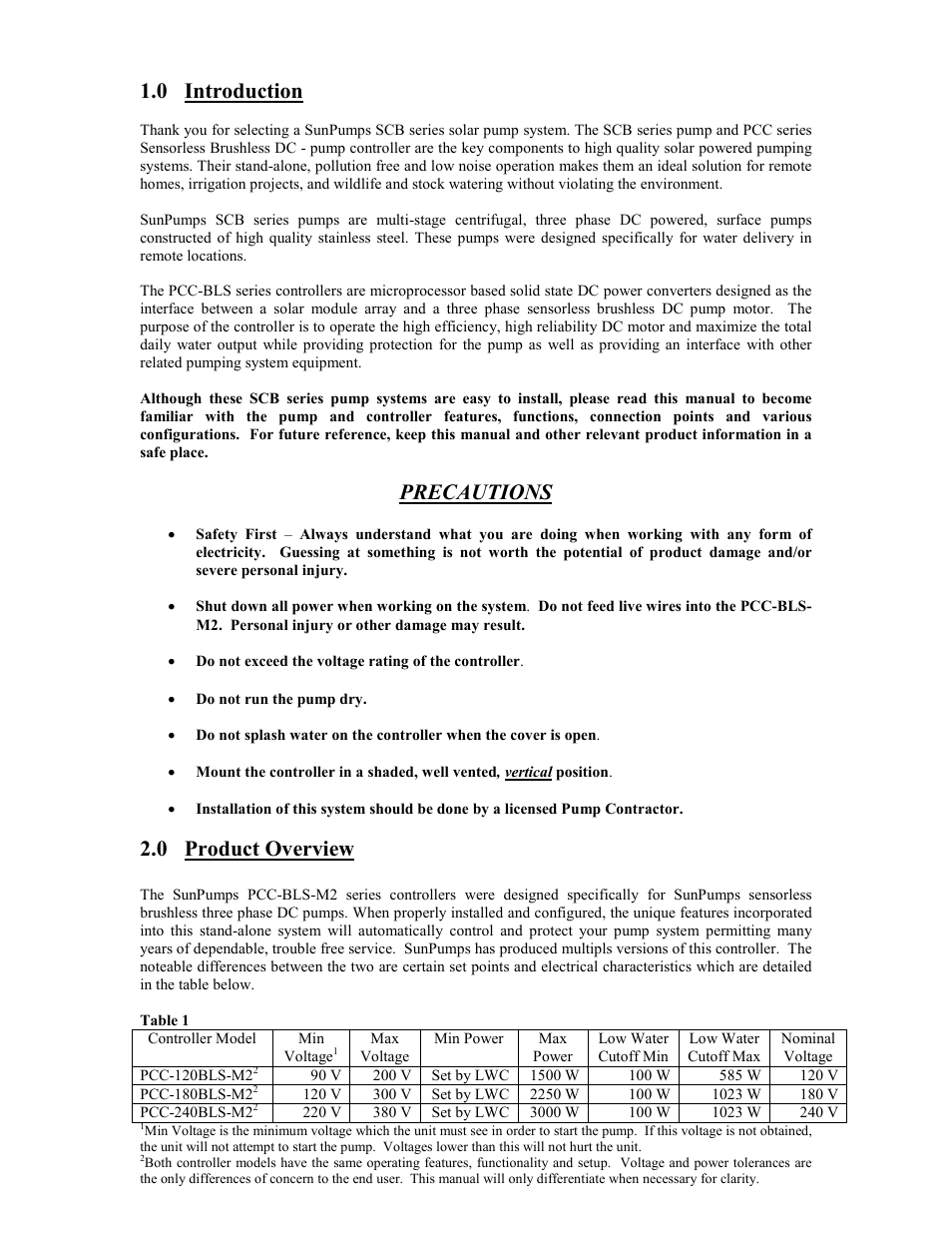 0 introduction, Precautions, 0 product overview | Sun Pumps SCB-10-150-120 BL User Manual | Page 3 / 17