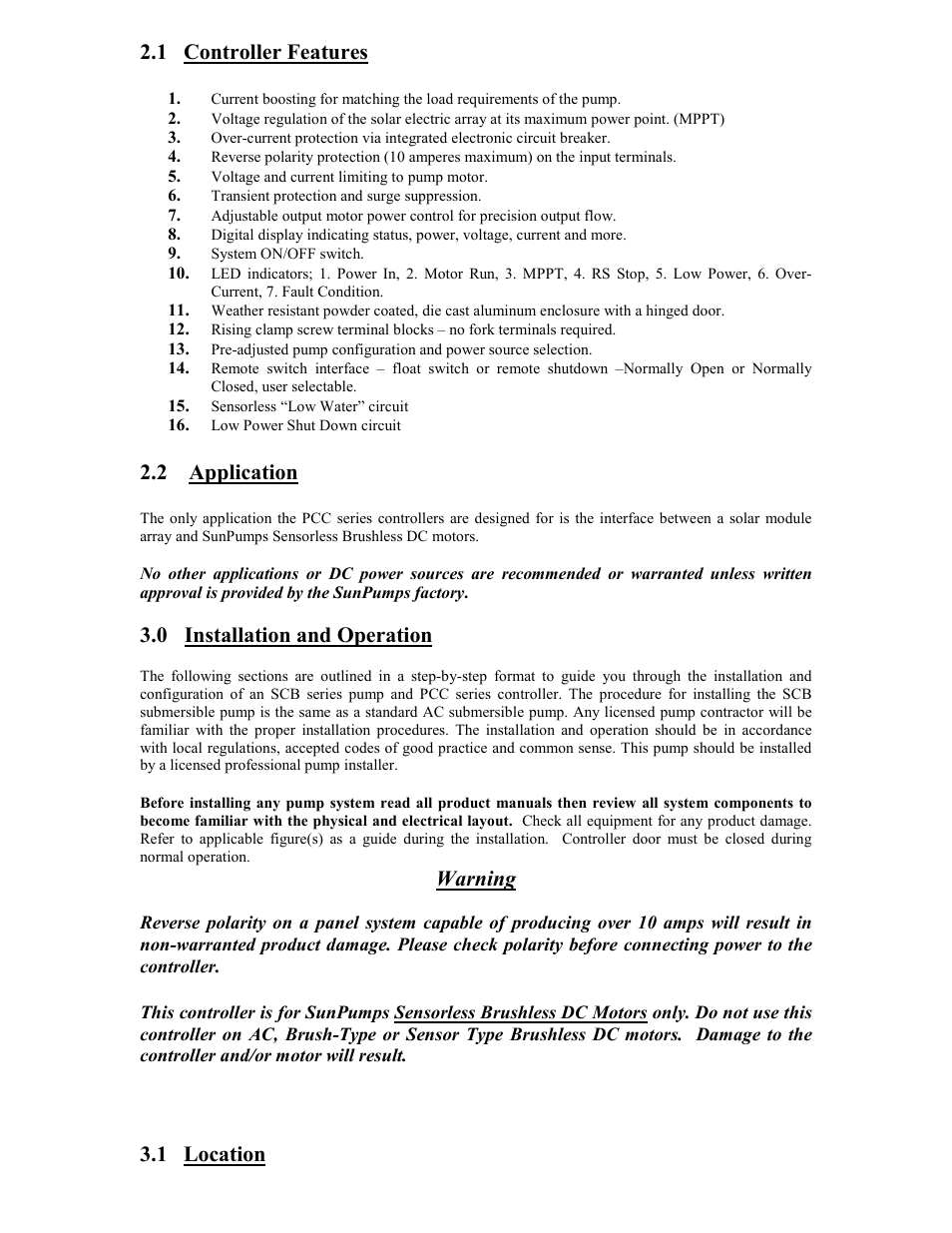 1 controller features, 2 application, 0 installation and operation | Warning, 1 location | Sun Pumps SCB-10-150-120 BL User Manual | Page 4 / 17