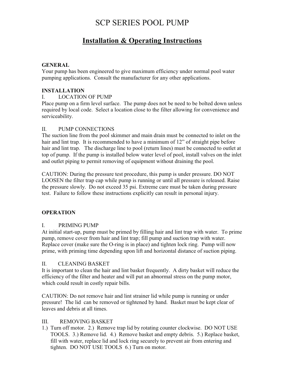 Scp series pool pump, Installation & operating instructions | Sun Pumps SCP 39-18-75 LC User Manual | Page 5 / 10