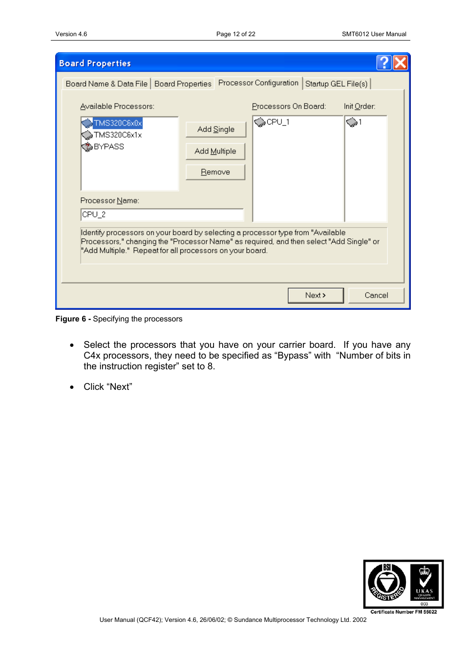 Figure 6 - specifying the processors, Click “next | Sundance SMT6012 v.4.6 User Manual | Page 12 / 22