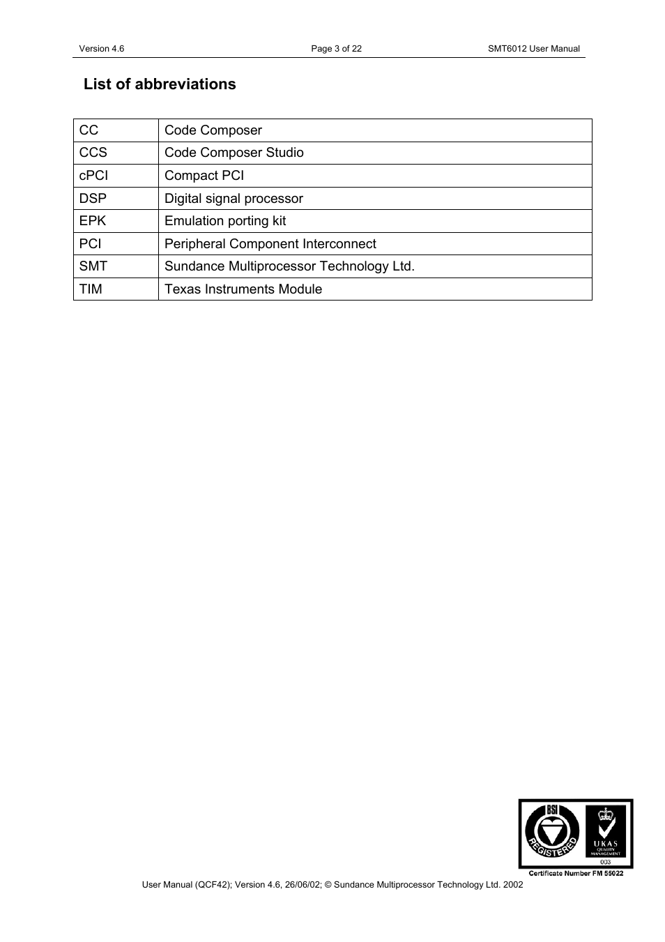 List of abbreviations | Sundance SMT6012 v.4.6 User Manual | Page 3 / 22