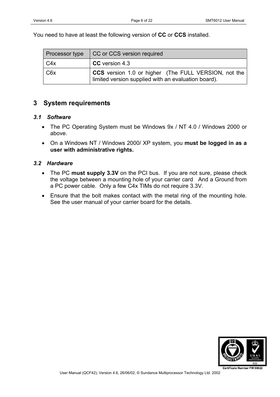 System requirements, Software, Hardware | 3 system requirements | Sundance SMT6012 v.4.6 User Manual | Page 6 / 22