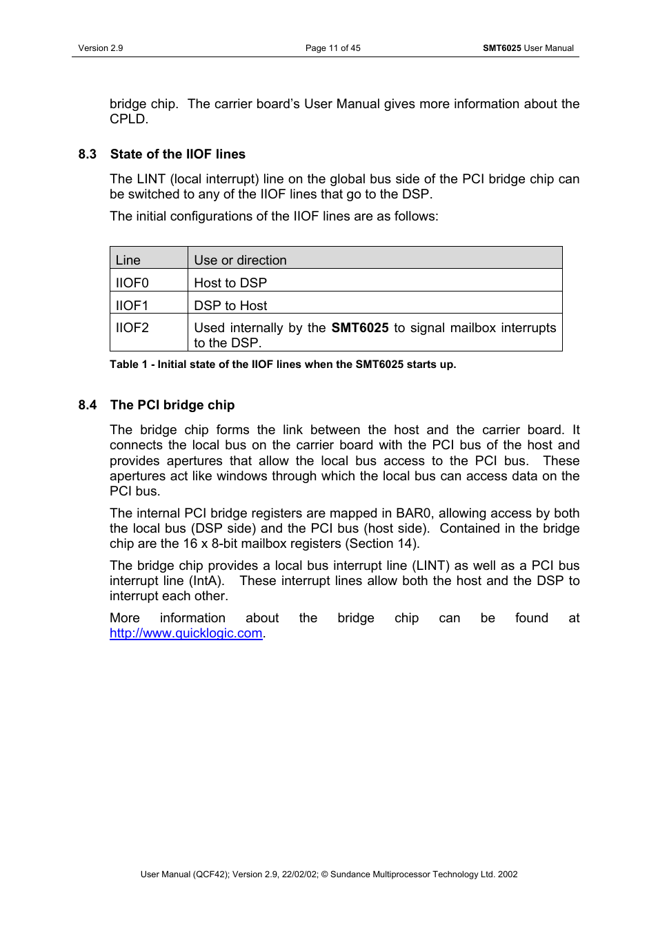 State of the iiof lines, The pci bridge chip | Sundance SMT6025 v.2.9 User Manual | Page 11 / 45