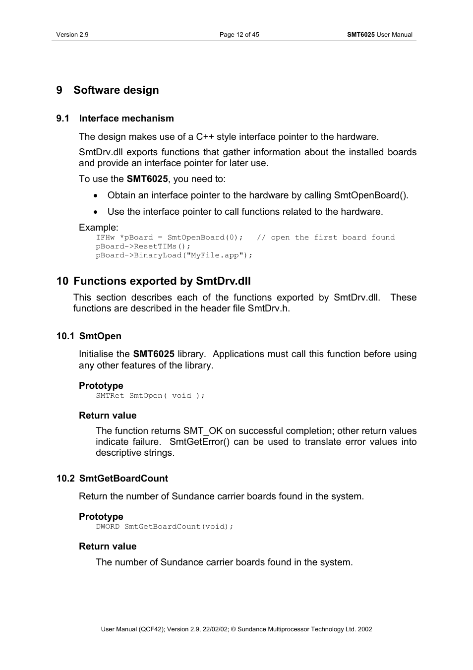 Software design, Interface mechanism, Functions exported by smtdrv.dll | Smtopen, Smtgetboardcount, 9 software design, 10 functions exported by smtdrv.dll | Sundance SMT6025 v.2.9 User Manual | Page 12 / 45
