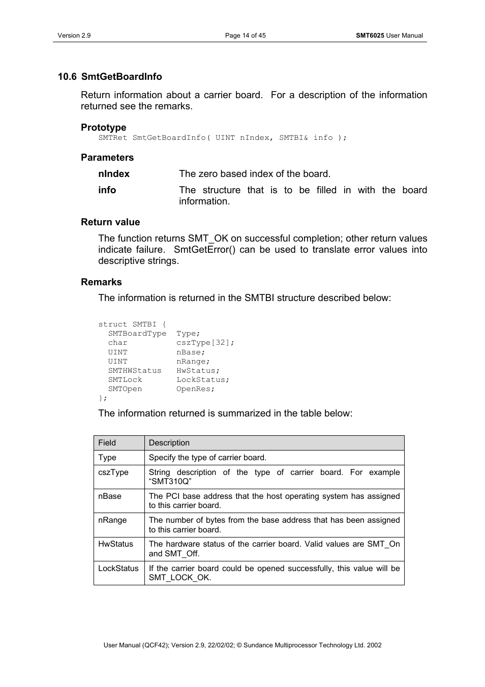 Smtgetboardinfo | Sundance SMT6025 v.2.9 User Manual | Page 14 / 45