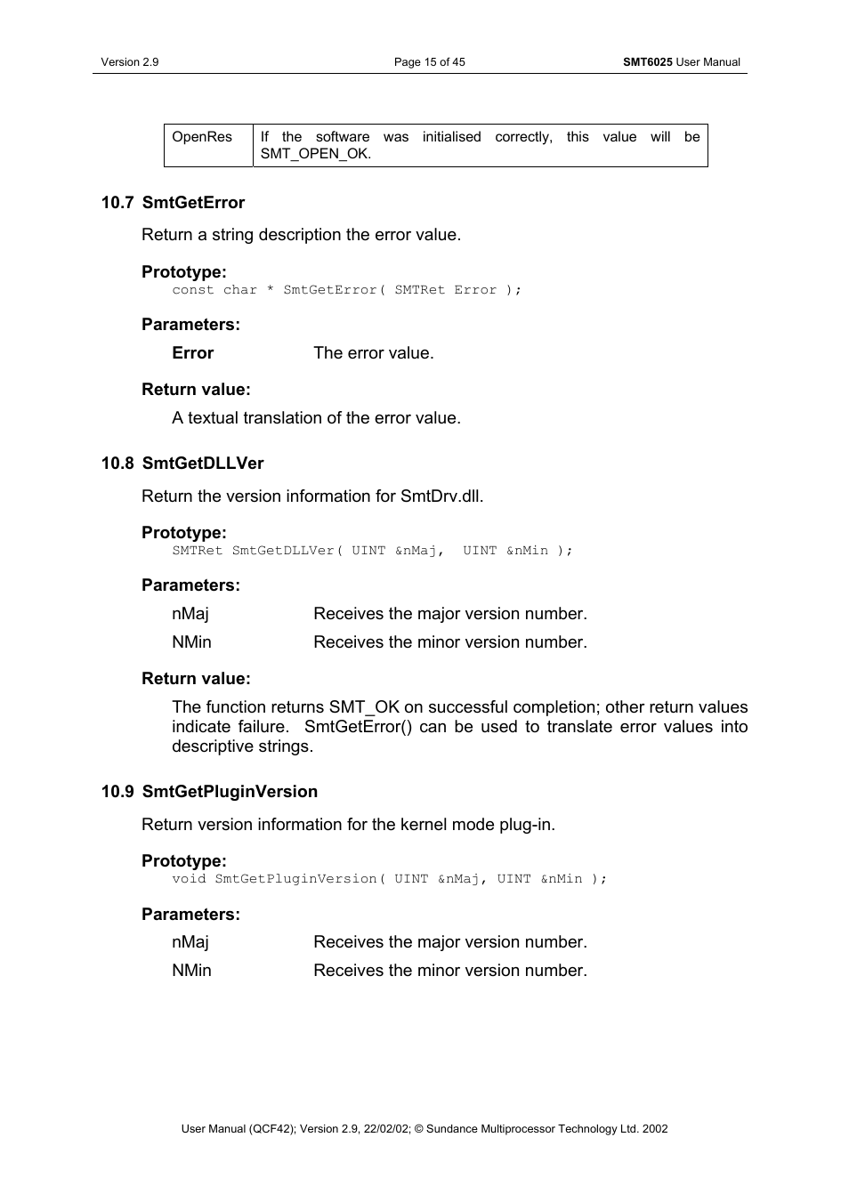 Smtgeterror, Smtgetdllver, Smtgetpluginversion | Sundance SMT6025 v.2.9 User Manual | Page 15 / 45
