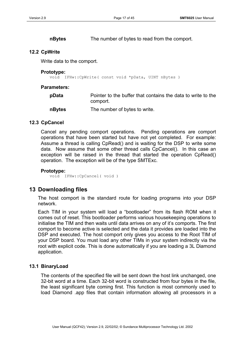 Cpwrite, Cpcancel, Downloading files | Binaryload, 13 downloading files | Sundance SMT6025 v.2.9 User Manual | Page 17 / 45