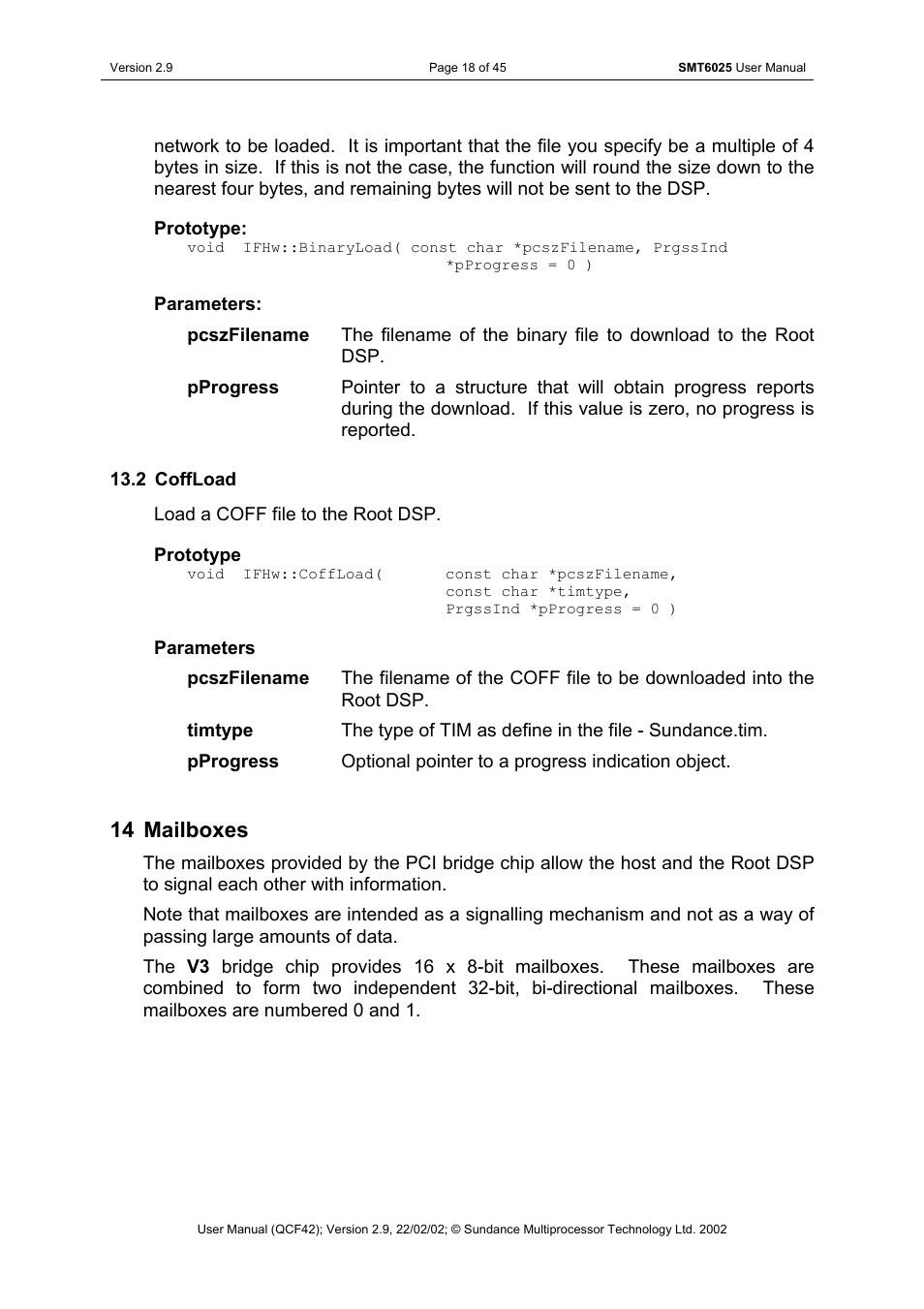 Coffload, Mailboxes, 14 mailboxes | Sundance SMT6025 v.2.9 User Manual | Page 18 / 45