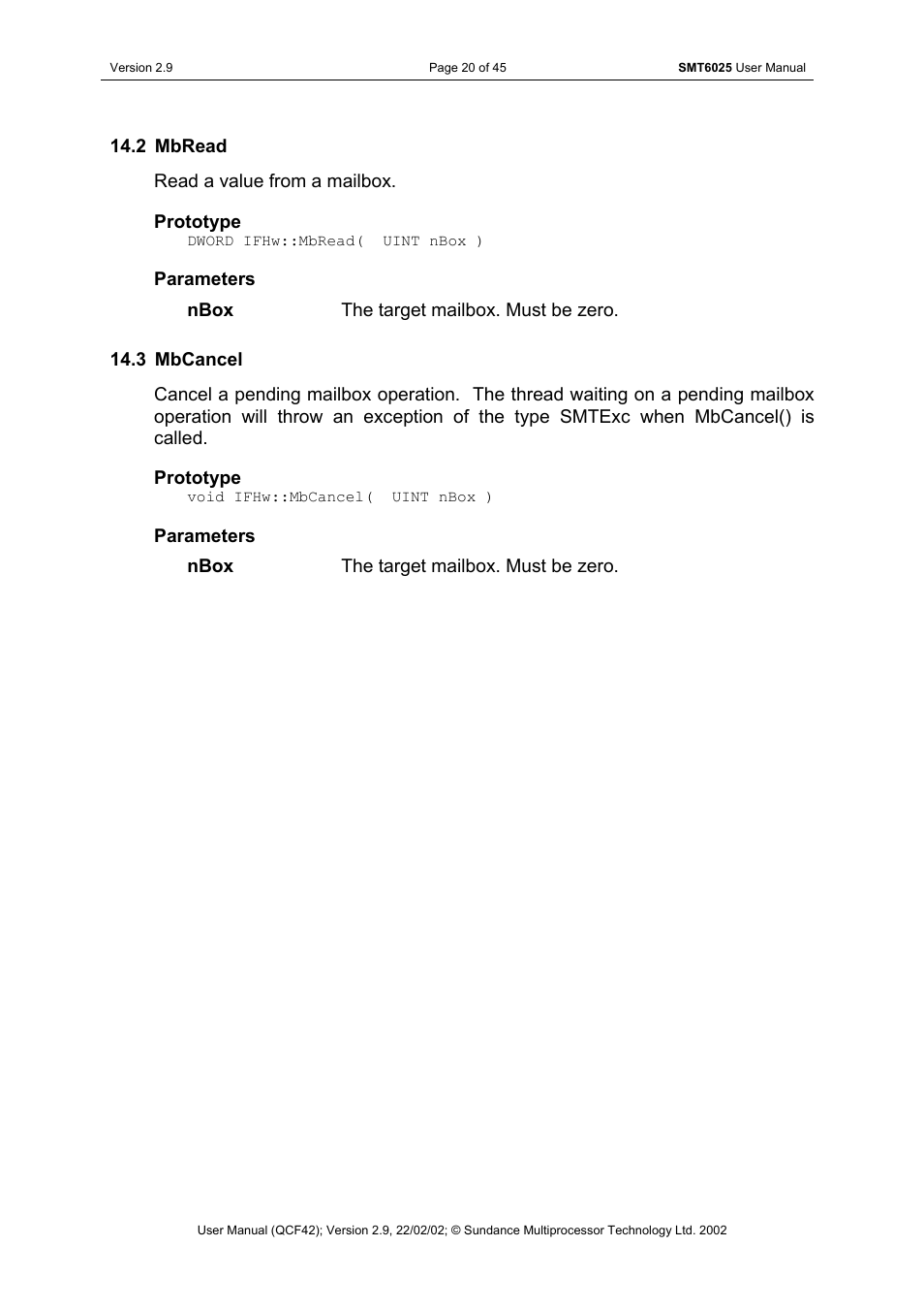 Mbread, Mbcancel | Sundance SMT6025 v.2.9 User Manual | Page 20 / 45