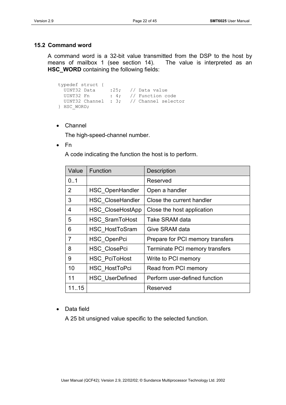 Command word | Sundance SMT6025 v.2.9 User Manual | Page 22 / 45
