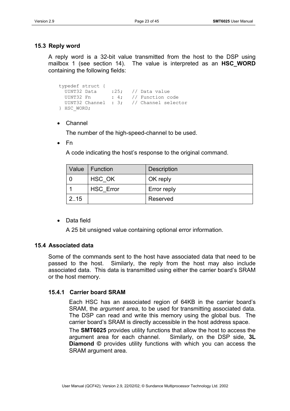 Reply word, Associated data, Carrier board sram | Sundance SMT6025 v.2.9 User Manual | Page 23 / 45