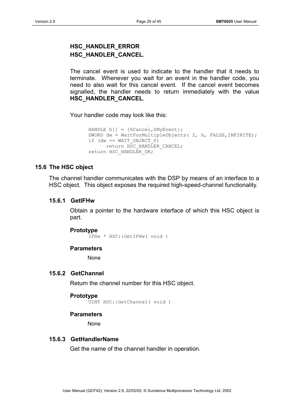 The hsc object, Getifhw, Getchannel | Gethandlername | Sundance SMT6025 v.2.9 User Manual | Page 29 / 45