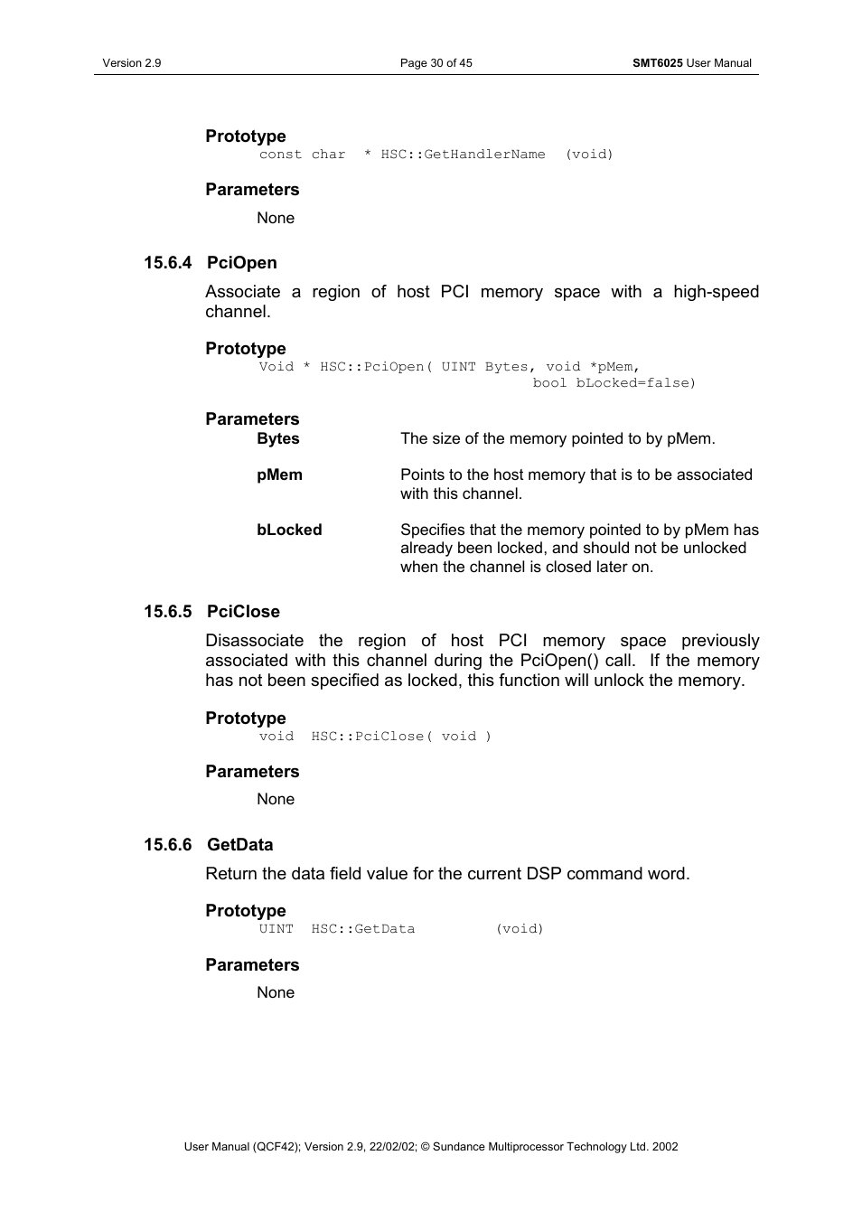 Pciopen, Pciclose, Getdata | Sundance SMT6025 v.2.9 User Manual | Page 30 / 45
