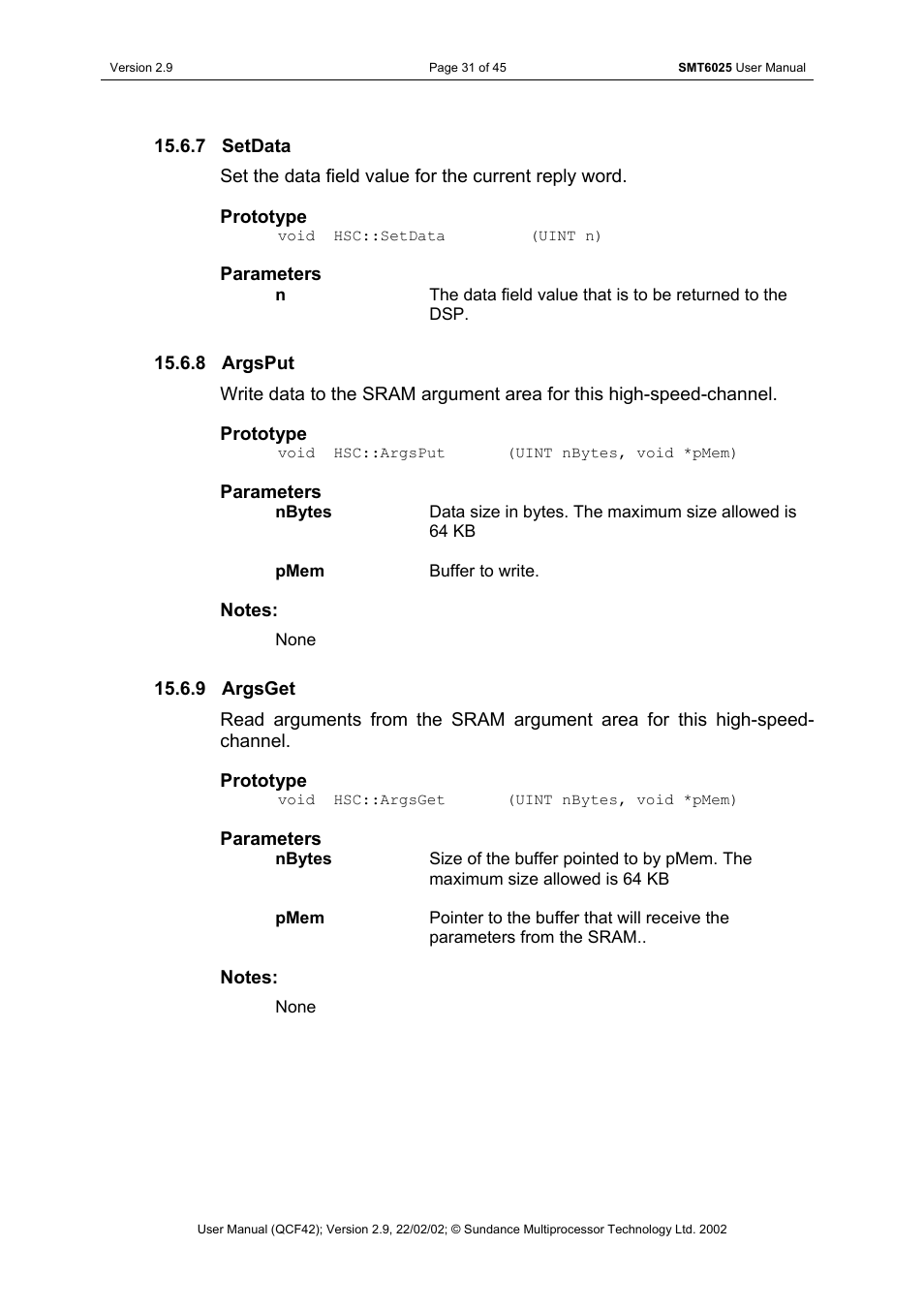 Setdata, Argsput, Argsget | Sundance SMT6025 v.2.9 User Manual | Page 31 / 45