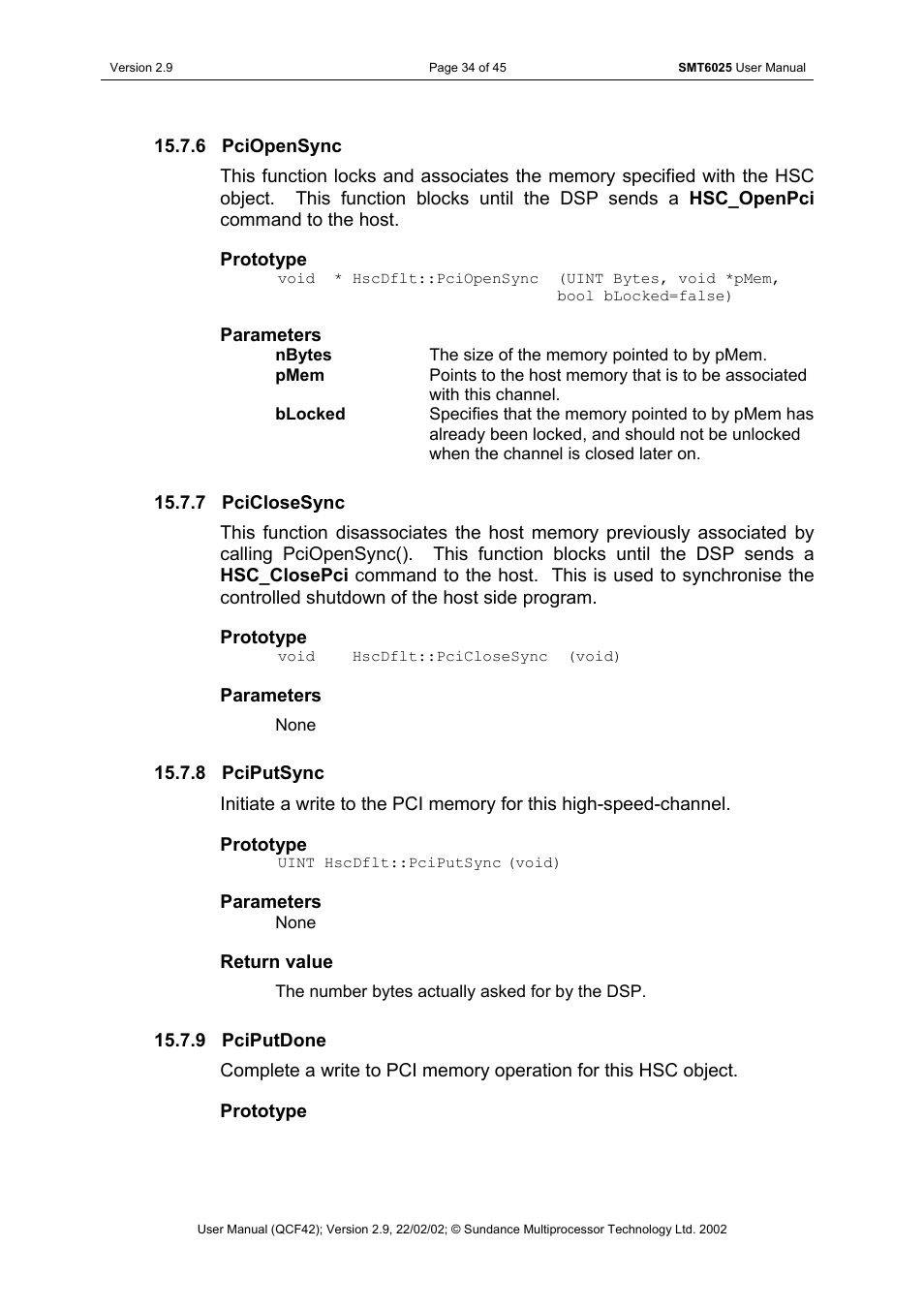 Pciopensync, Pciclosesync, Pciputsync | Pciputdone | Sundance SMT6025 v.2.9 User Manual | Page 34 / 45
