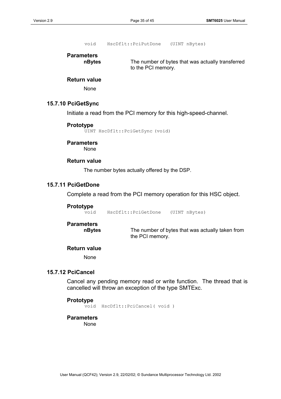 Pcigetsync, Pcigetdone, Pcicancel | Sundance SMT6025 v.2.9 User Manual | Page 35 / 45
