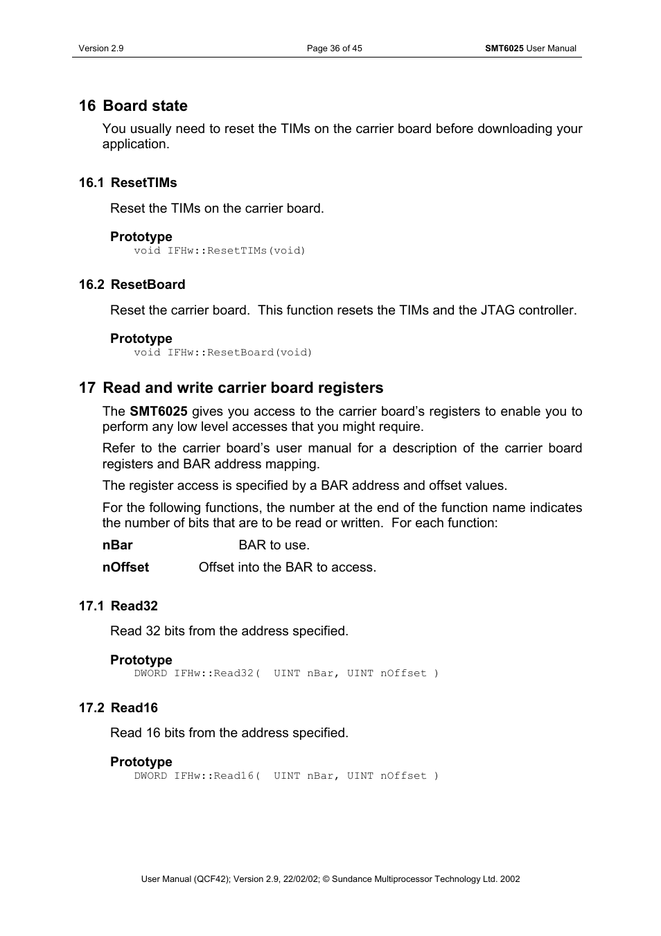 Board state, Resettims, Resetboard | Read and write carrier board registers, Read32, Read16, 16 board state, 17 read and write carrier board registers | Sundance SMT6025 v.2.9 User Manual | Page 36 / 45