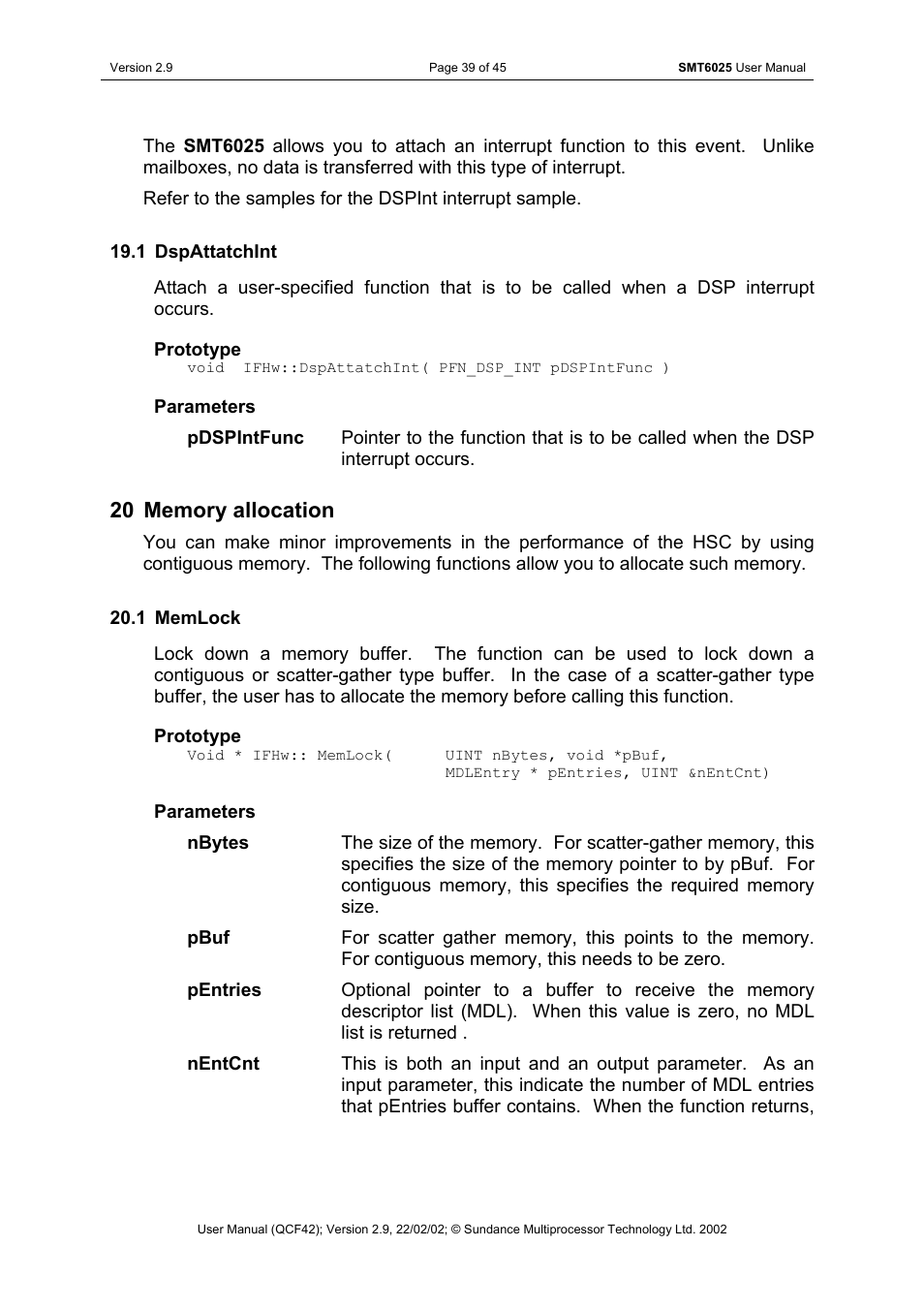 Dspattatchint, Memory allocation, Memlock | Sundance SMT6025 v.2.9 User Manual | Page 39 / 45