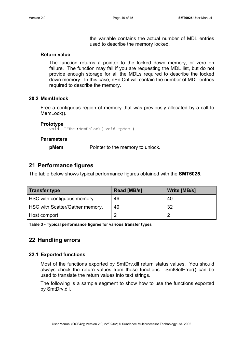 Memunlock, Performance figures, Handling errors | Exported functions, 21 performance figures, 22 handling errors | Sundance SMT6025 v.2.9 User Manual | Page 40 / 45