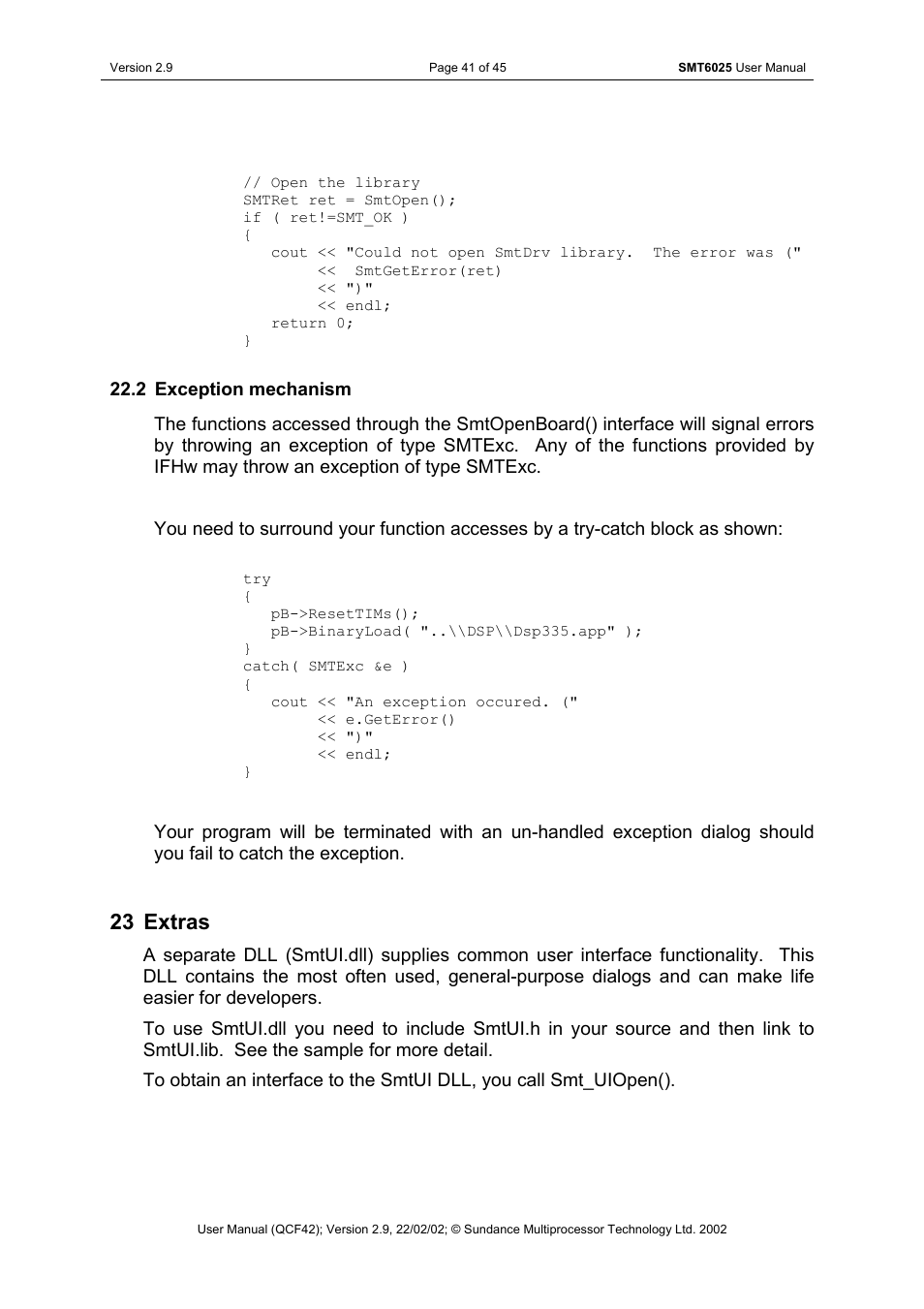 Exception mechanism, Extras, 23 extras | Sundance SMT6025 v.2.9 User Manual | Page 41 / 45