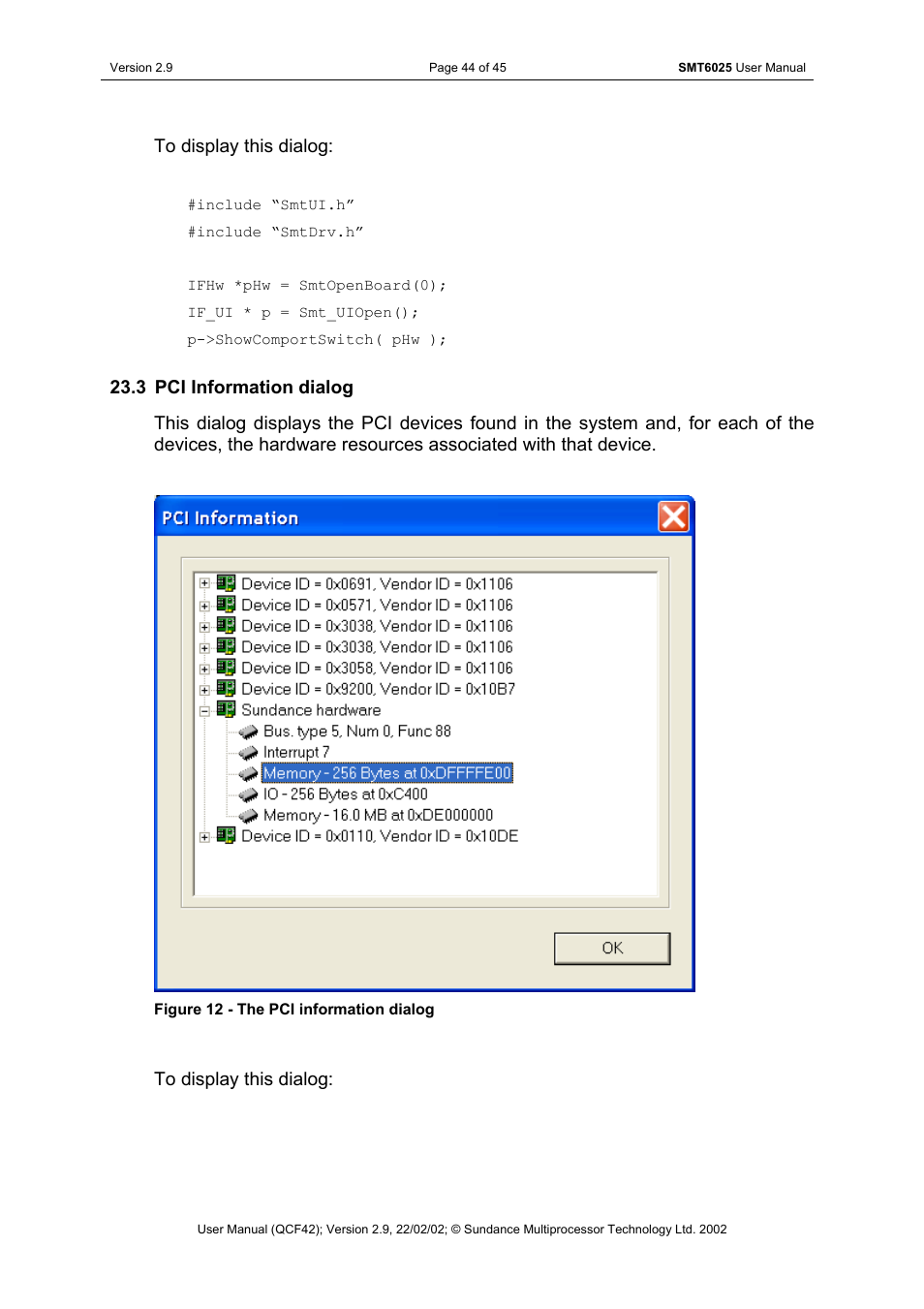 Pci information dialog, Figure 12 - the pci information dialog | Sundance SMT6025 v.2.9 User Manual | Page 44 / 45
