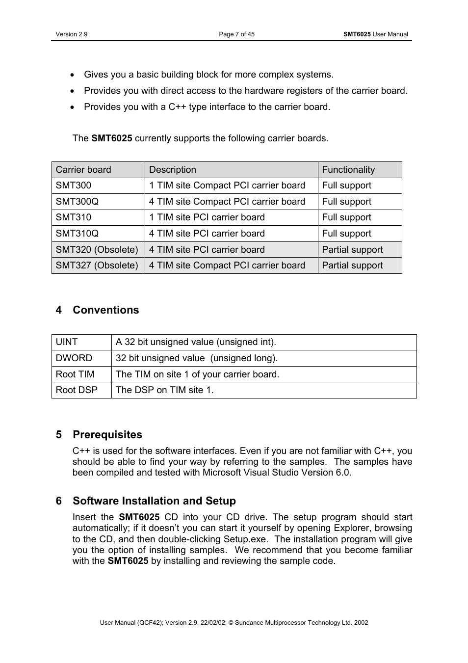 Conventions, Prerequisites, Software installation and setup | 4 conventions, 5 prerequisites, 6 software installation and setup | Sundance SMT6025 v.2.9 User Manual | Page 7 / 45